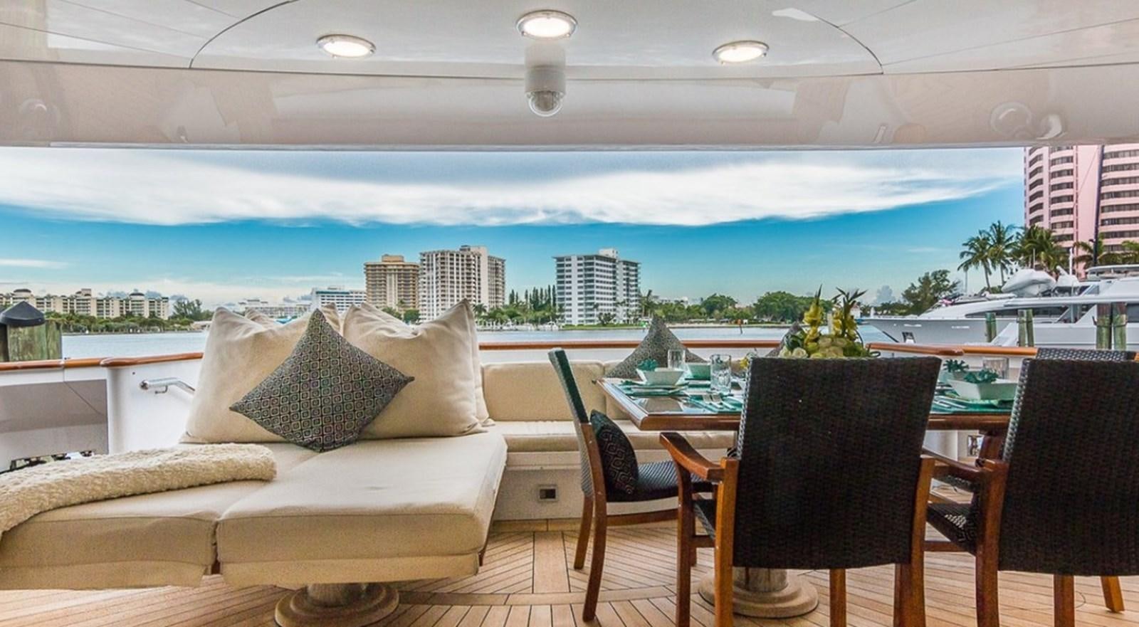 a room with a table and chairs and a view of a city aboard TRUE LOVE Yacht for Sale