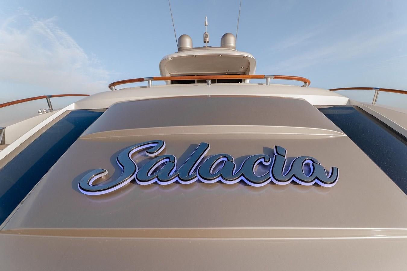 a white and blue building aboard SALACIA Yacht for Sale