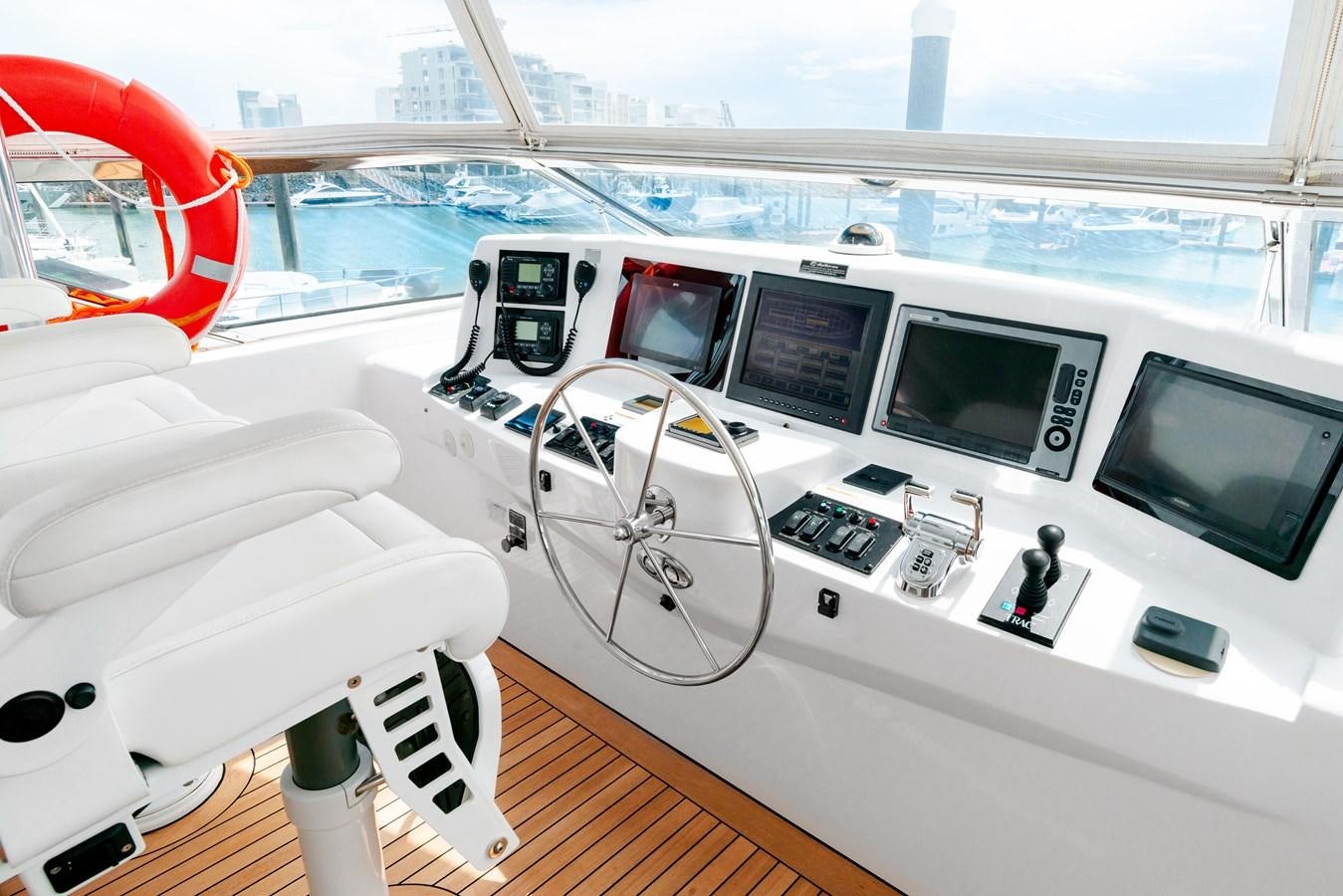 a white table with many electronic devices on it aboard HATTERAS 105 Yacht for Sale