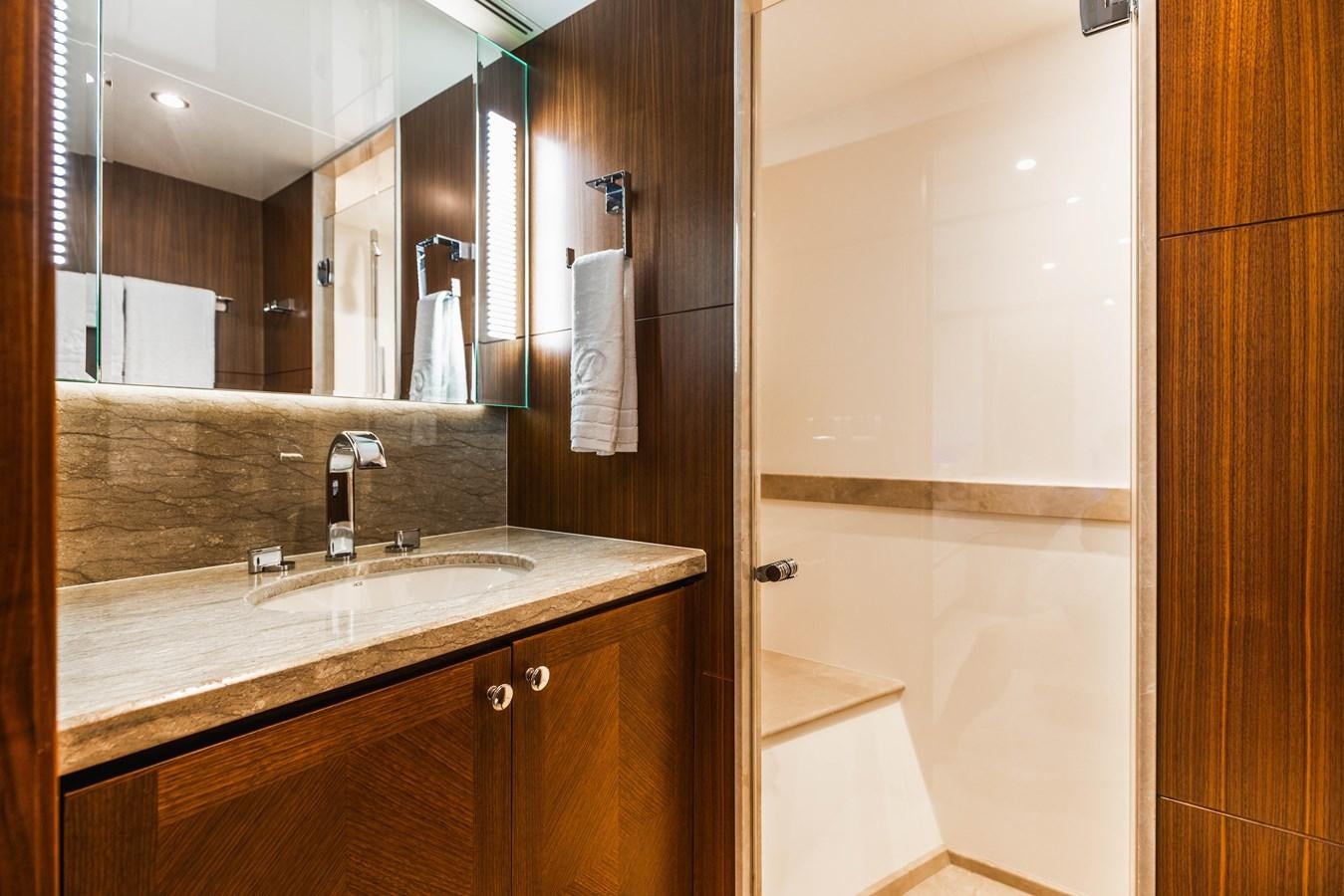 a bathroom with a sink and a shower aboard SEE WORTHY Yacht for Sale