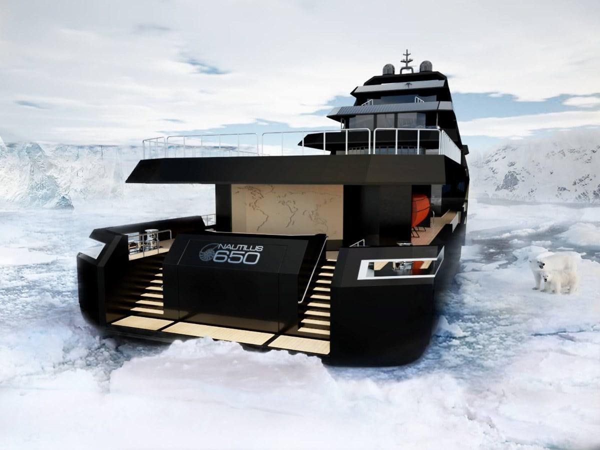 a large black boat on a snowy mountain aboard NAUTILUS Yacht for Sale