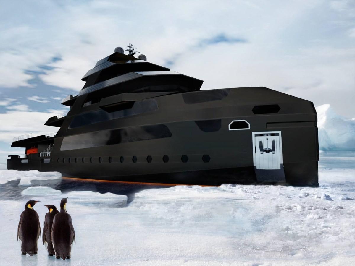 a couple of people standing in front of a ship on a snowy day aboard NAUTILUS Yacht for Sale