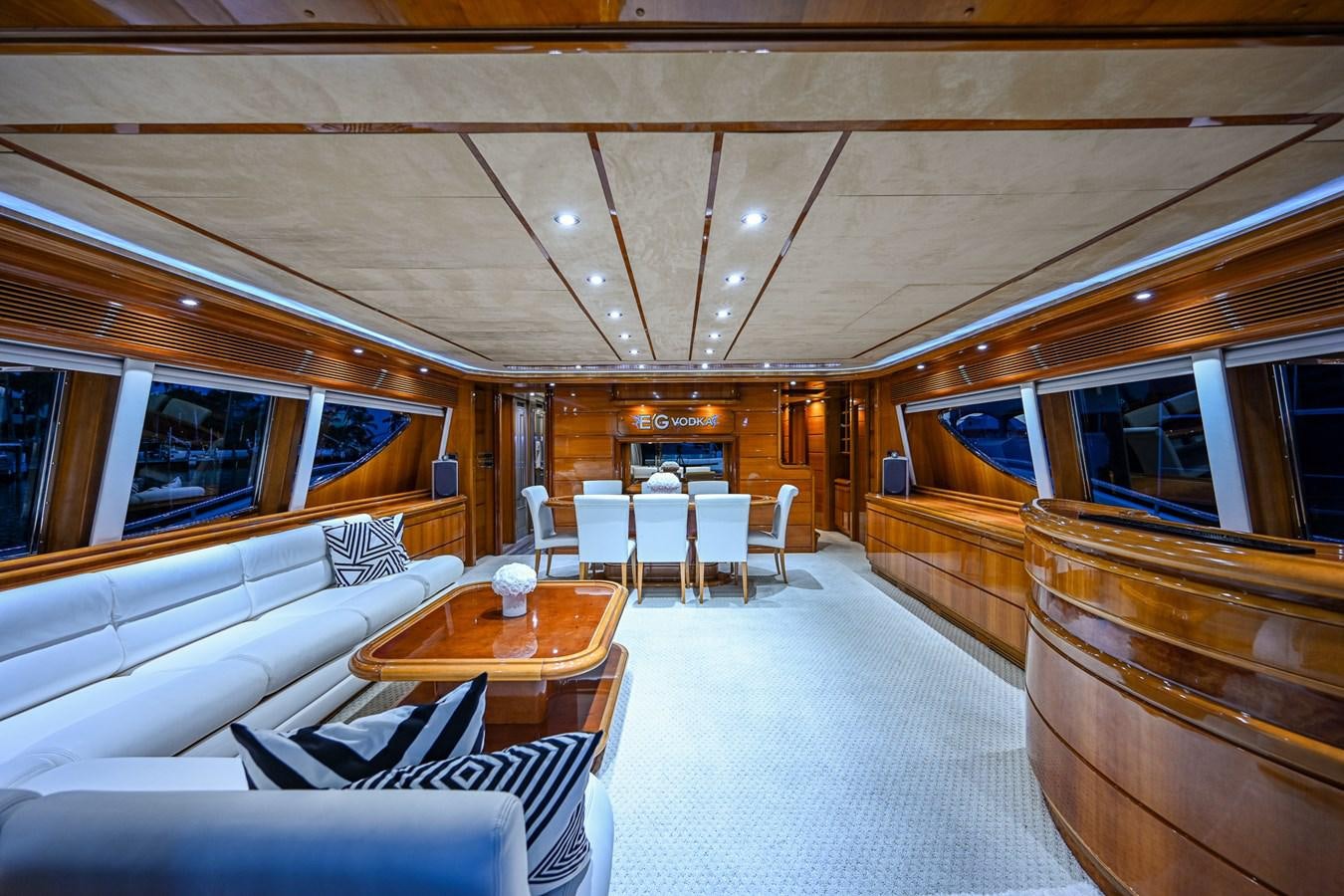 a train with a table and chairs aboard EVERYTHING GOOD Yacht for Sale