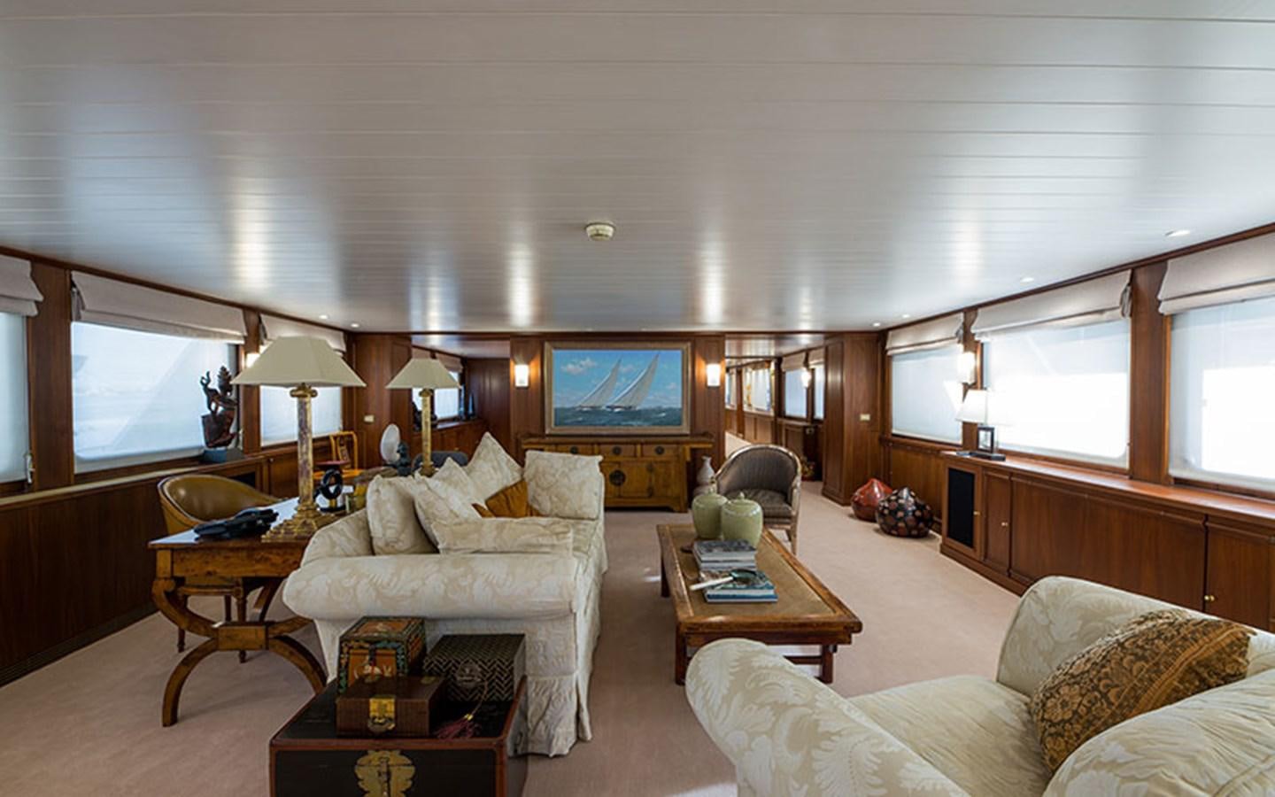a living room with a large television aboard NOSTALGIA Yacht for Sale