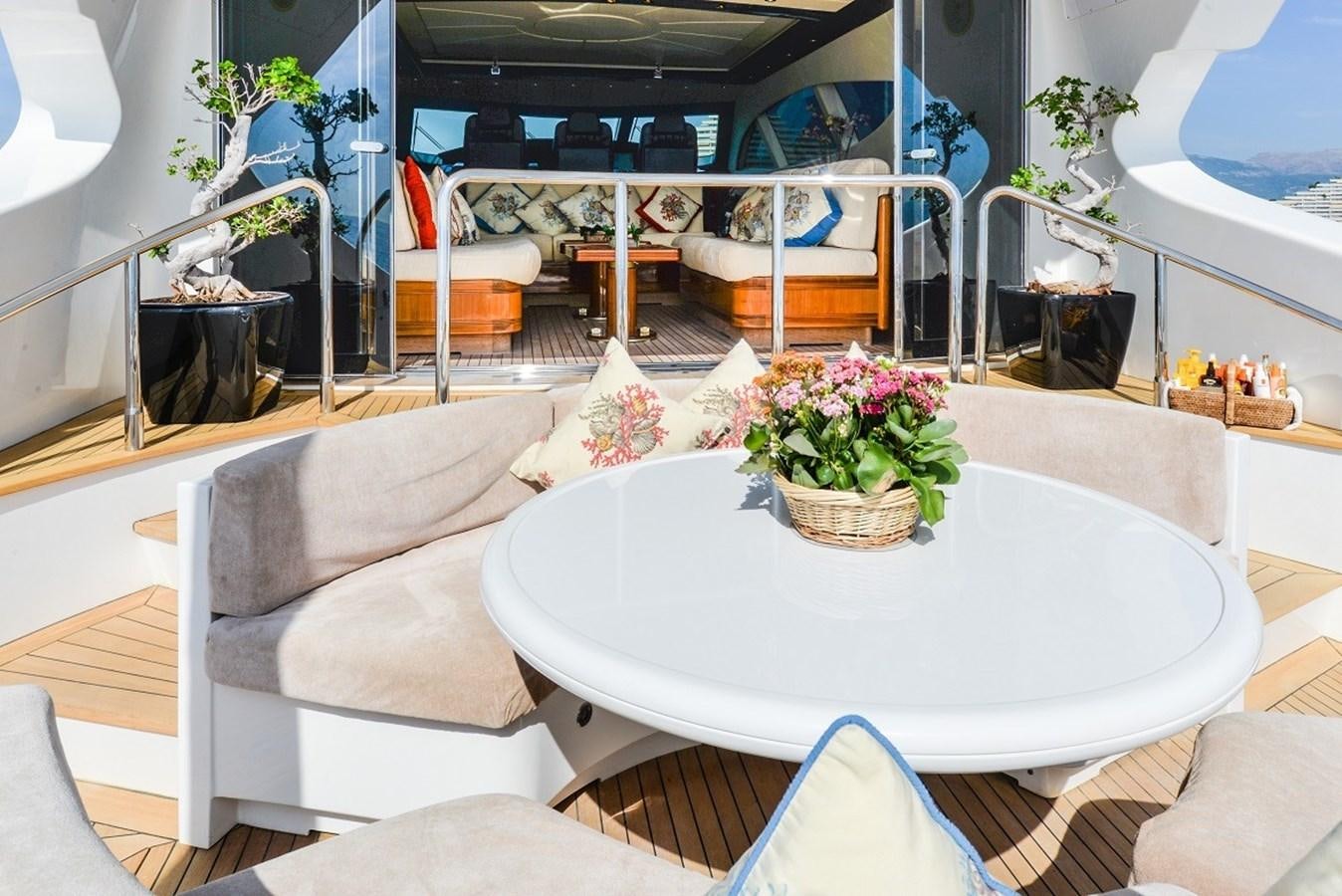 a table with a basket of flowers on it aboard PHANTOM Yacht for Sale
