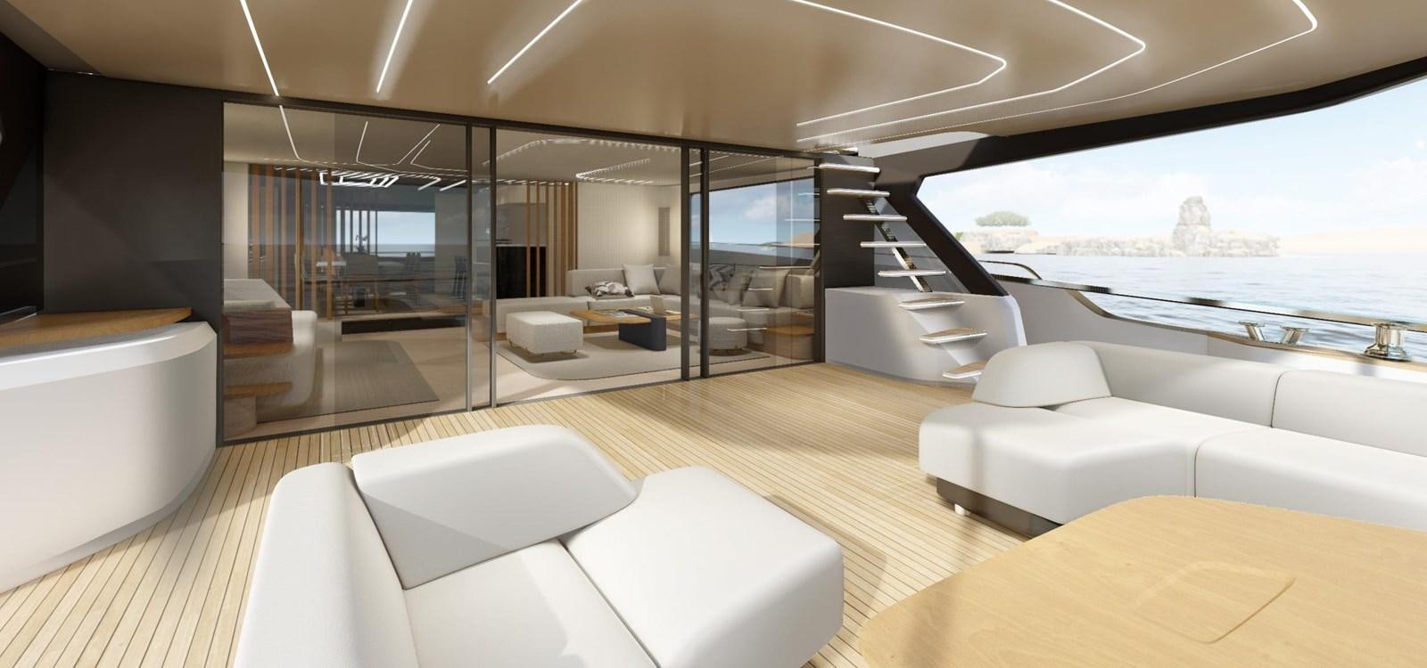 a room with a large window and a view of the ocean aboard XCEL 70 Yacht for Sale