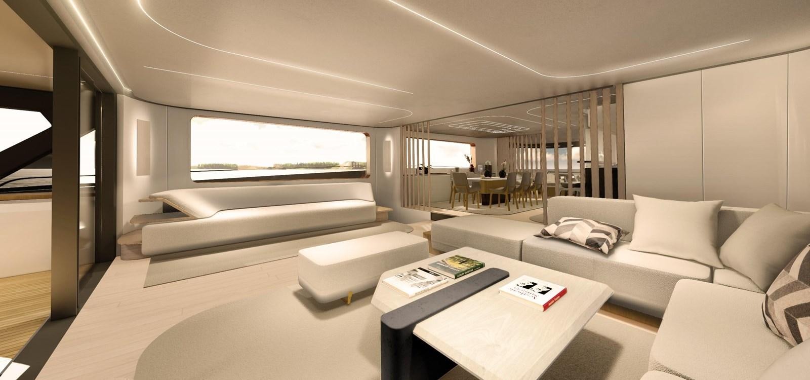 a living room with a couch and a coffee table aboard XCEL 70 Yacht for Sale