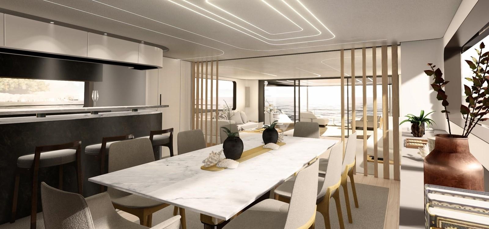 a dining room with a table and chairs aboard XCEL 70 Yacht for Sale