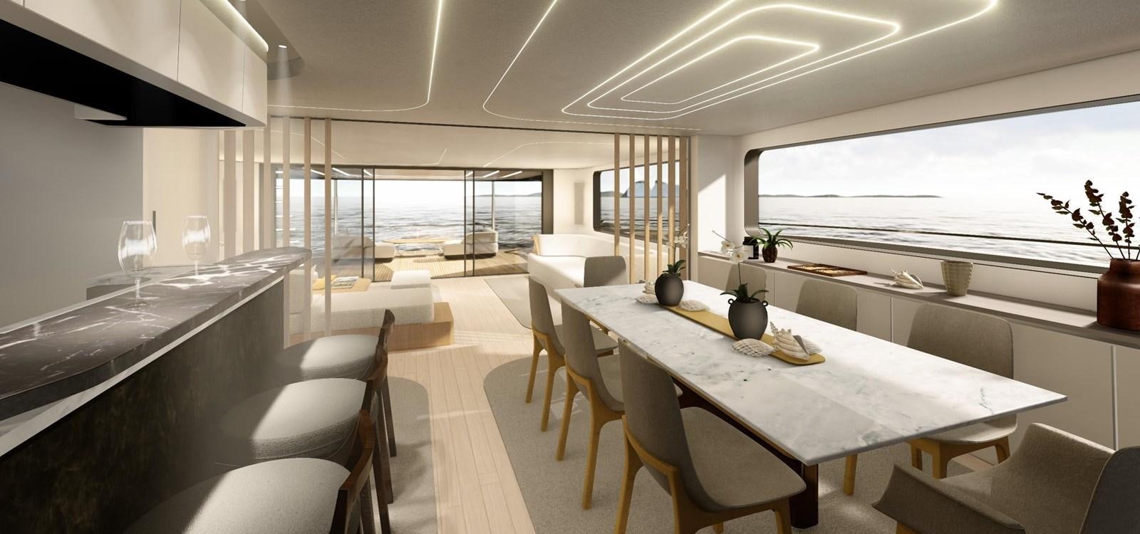 a large room with tables and chairs aboard XCEL 70 Yacht for Sale