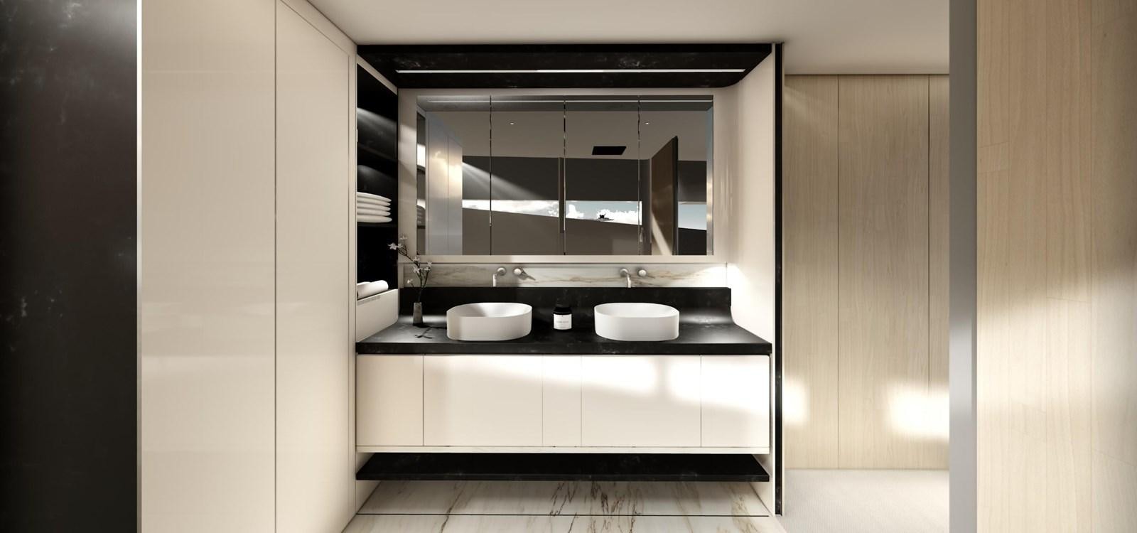 a kitchen with a sink and cabinets aboard XCEL 70 Yacht for Sale