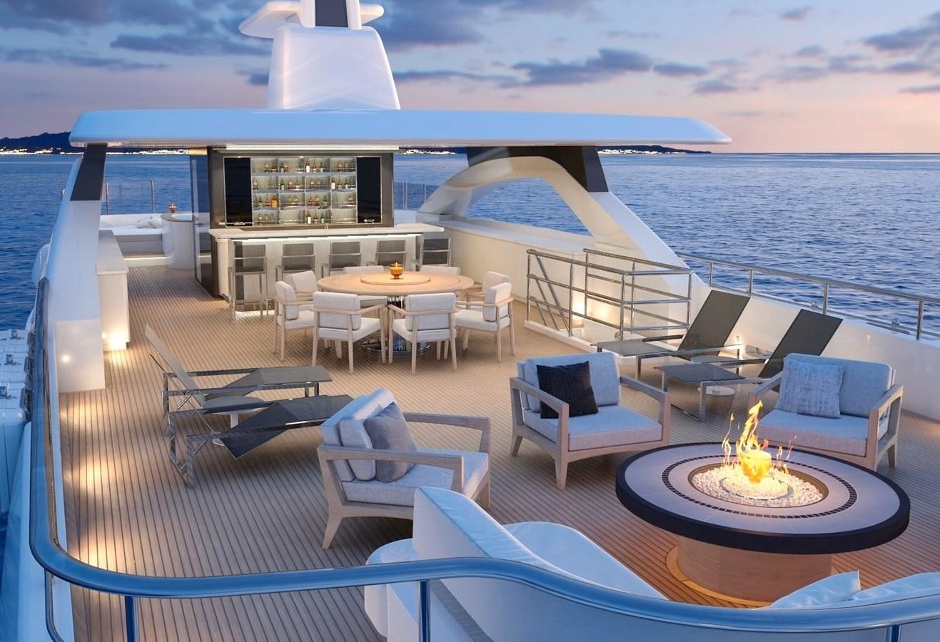 a deck with a table and chairs on it aboard PROJECT 515 180#2 Yacht for Sale