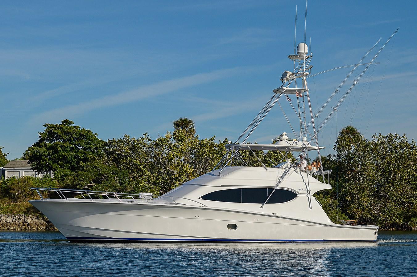 a white boat on the water aboard INSTIGATOR Yacht for Sale