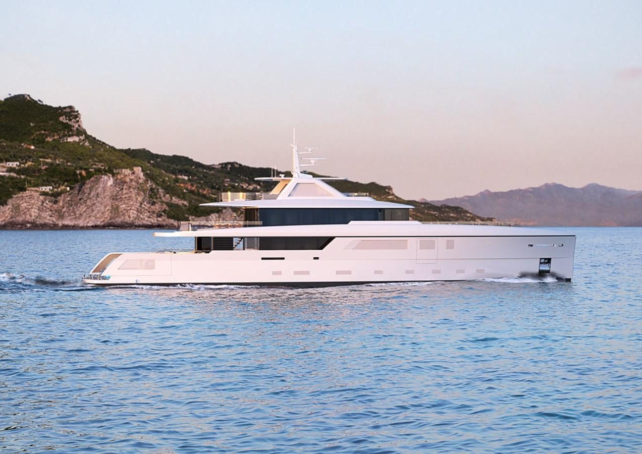 a white boat in the water aboard VITRUVIUS Yacht for Sale