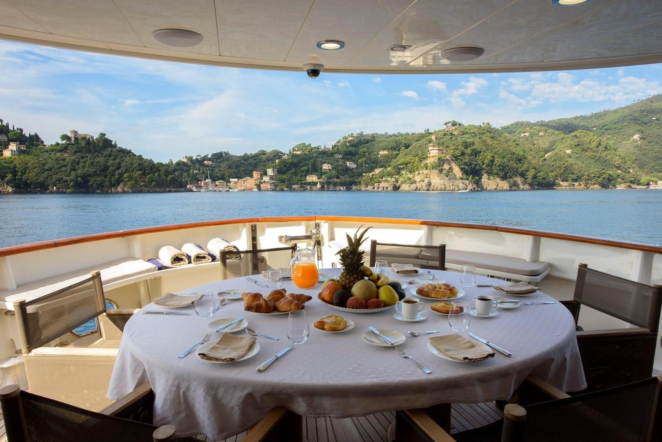 a table with food on it aboard DON CIRO Yacht for Sale