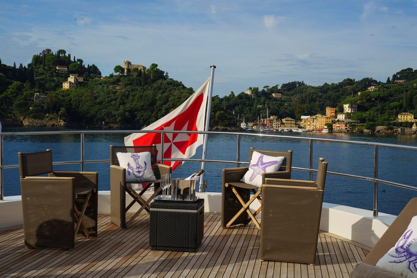 a deck with chairs and a flag on it aboard DON CIRO Yacht for Sale