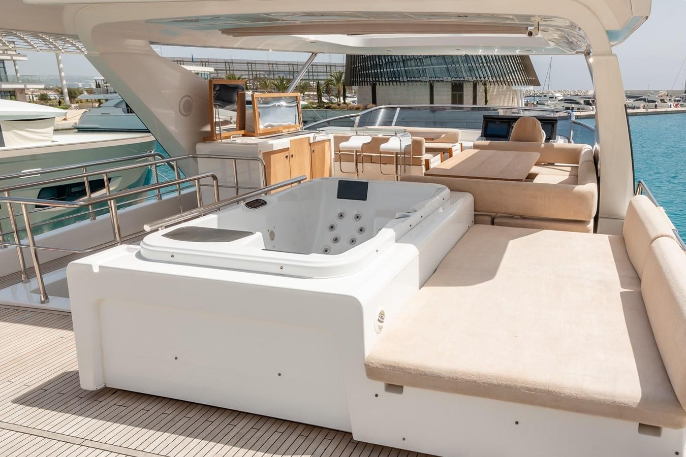 a large white bed on a boat aboard ALINA Yacht for Sale