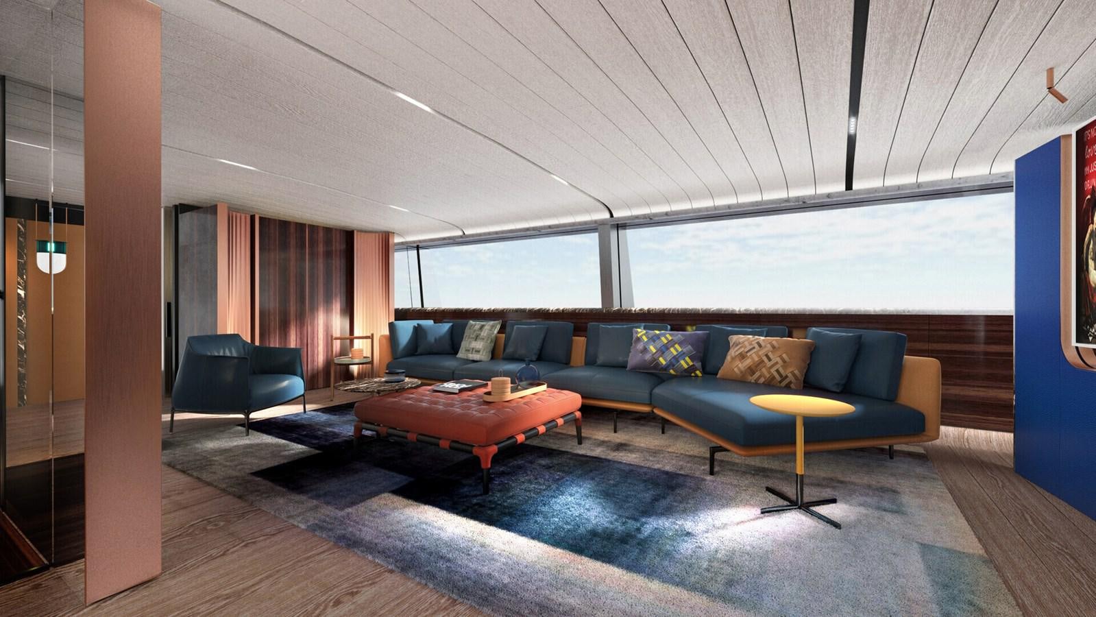a living room with a couch and a table aboard PERINI 47M Yacht for Sale