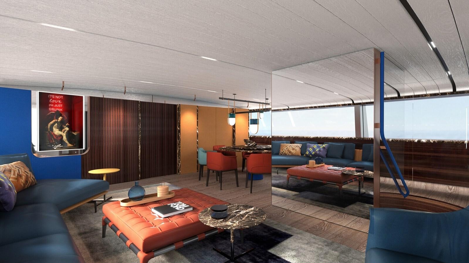 a living room with blue couches and a large window aboard PERINI 47M Yacht for Sale