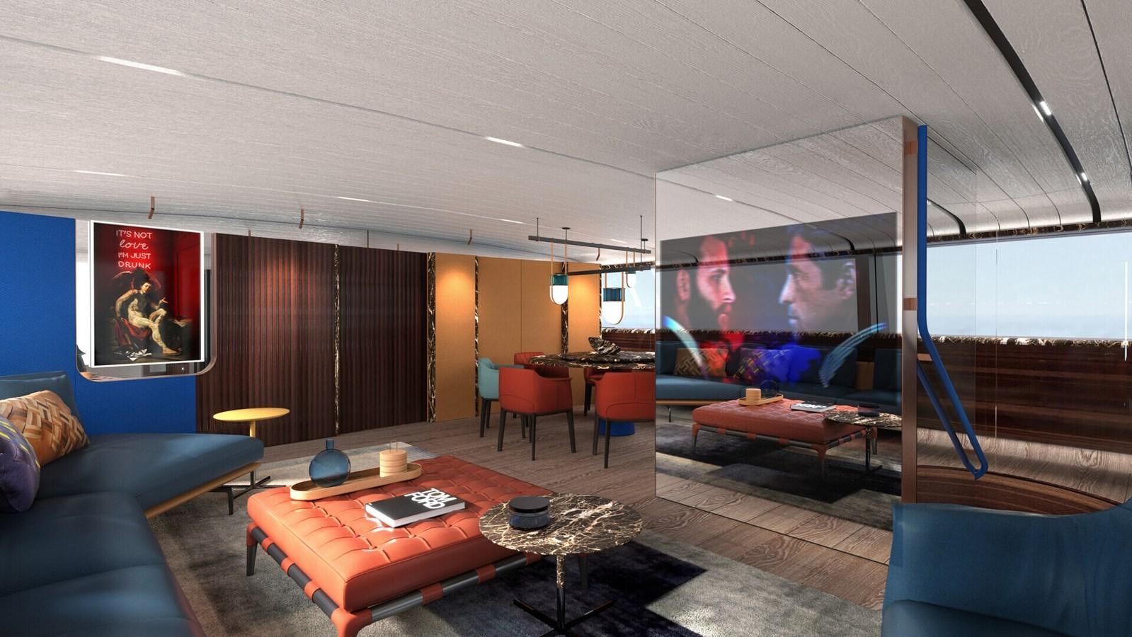 a living room with a large mirror aboard PERINI 47M Yacht for Sale
