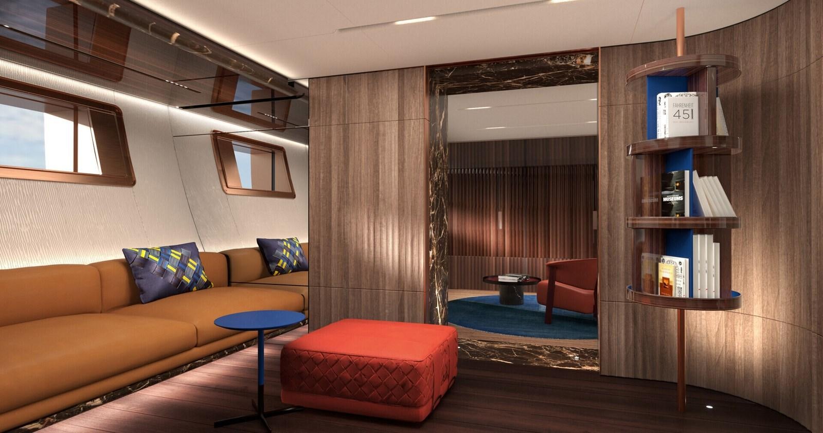 a living room with a couch and a book shelf aboard PERINI 47M Yacht for Sale