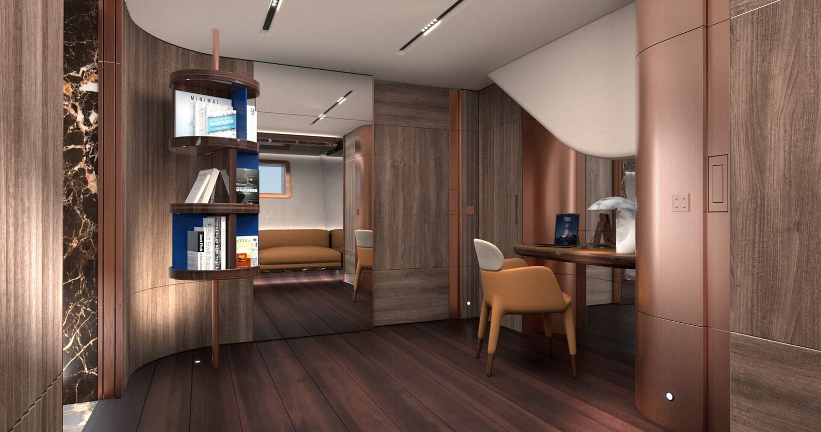 a room with a desk and a tv on the wall aboard PERINI 47M Yacht for Sale