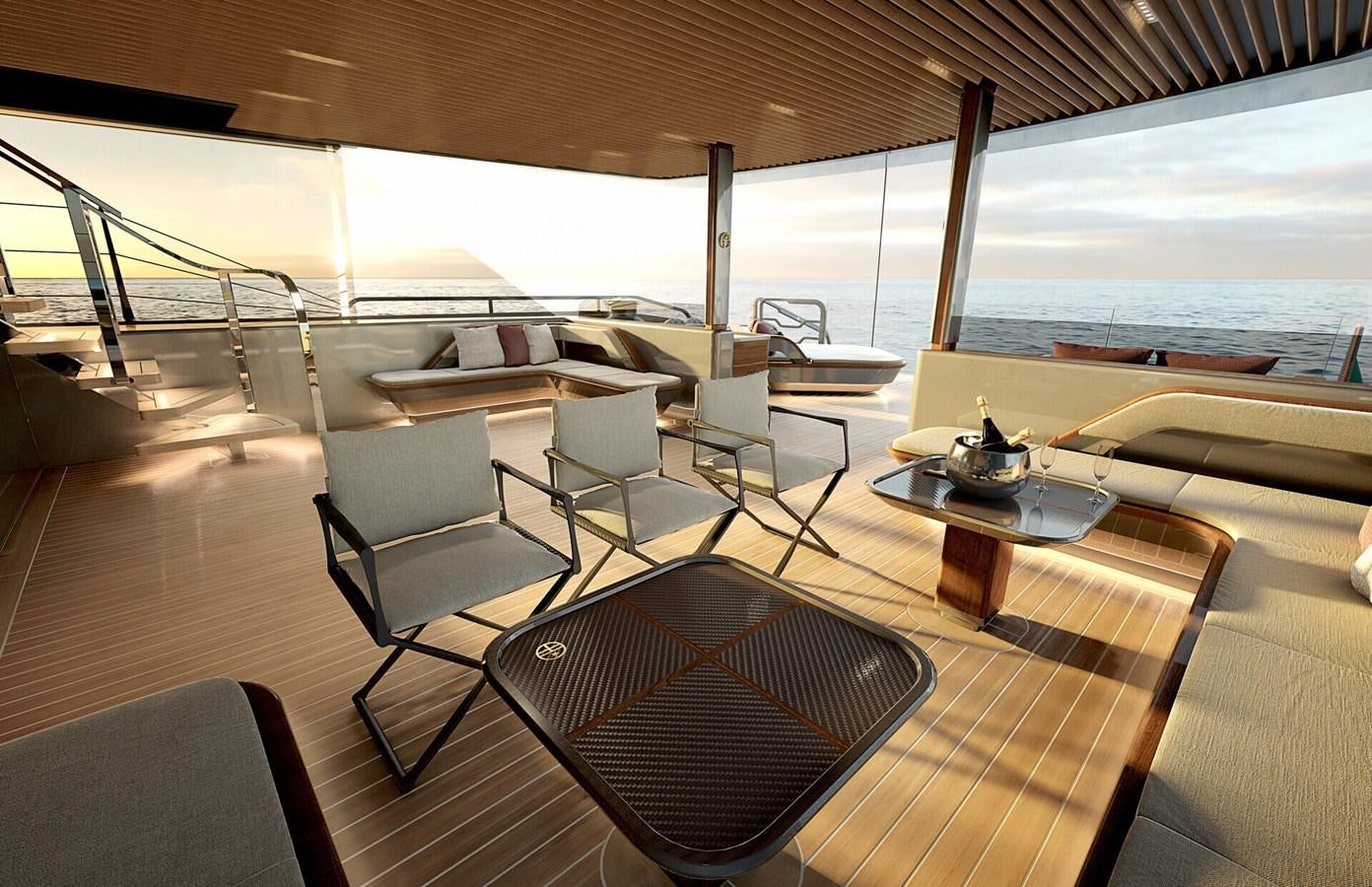 a room with a table chairs and a view of the ocean aboard PERINI 47M Yacht for Sale