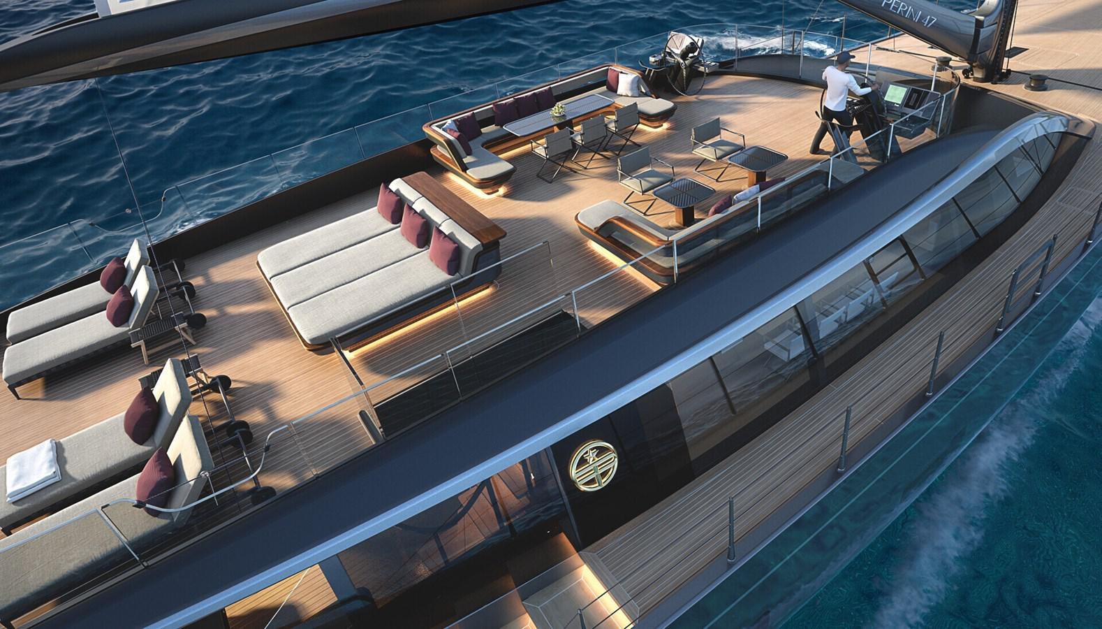 a person working on a model ship aboard PERINI 47M Yacht for Sale