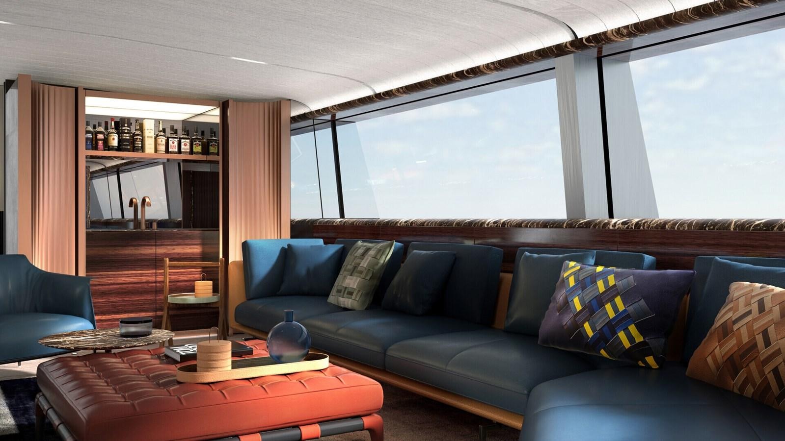 a living room with a couch and a coffee table aboard PERINI 47M Yacht for Sale