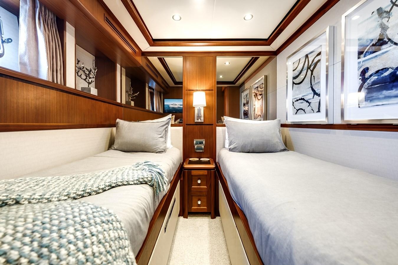 a room with two beds aboard UNCORKED Yacht for Sale
