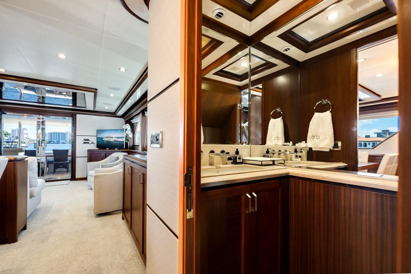 a large kitchen with a large ceiling aboard UNCORKED Yacht for Sale