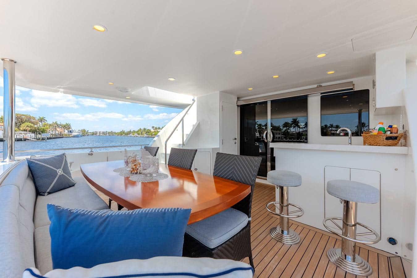 a living room with a large window aboard UNCORKED Yacht for Sale
