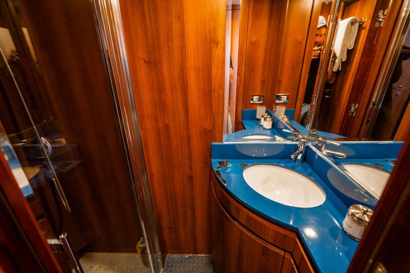 a bathroom with a sink and a mirror aboard MY GIRL Yacht for Sale