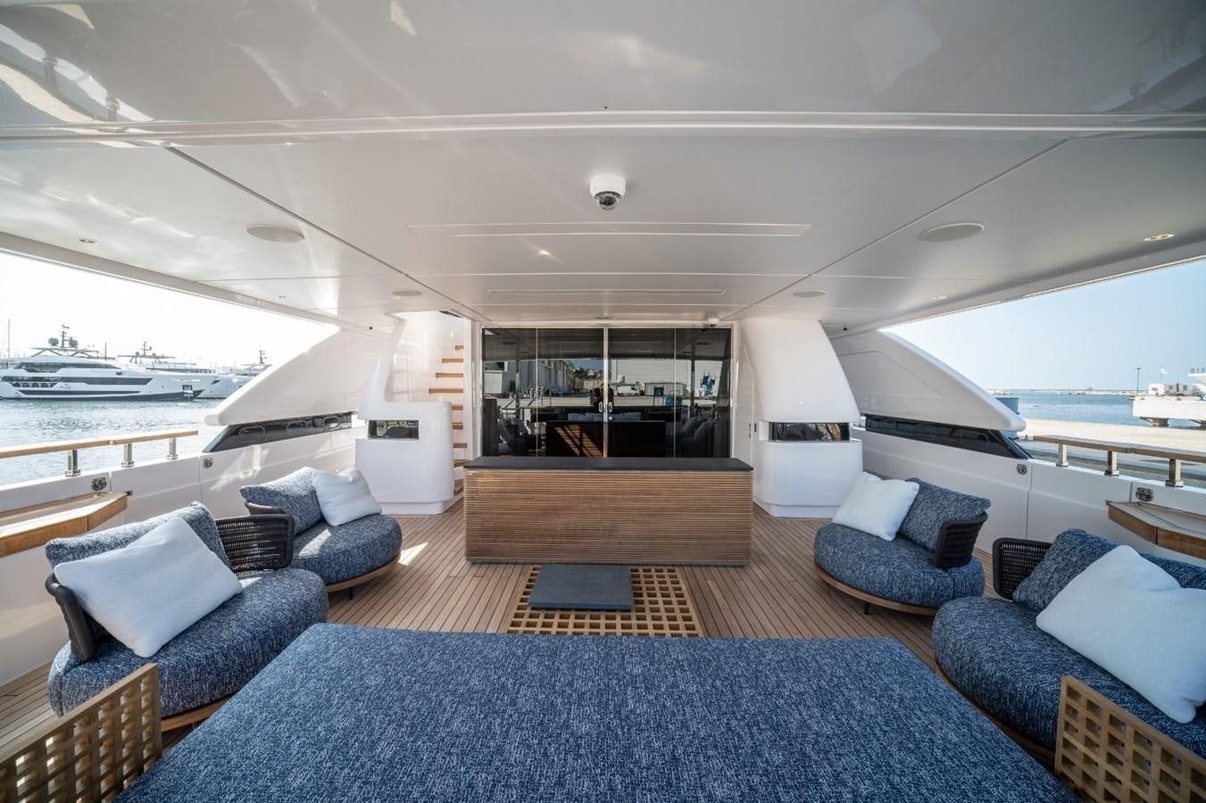 a large living room with a large open floor plan aboard CUSTOM LINE NAVETTA 42/11 Yacht for Sale