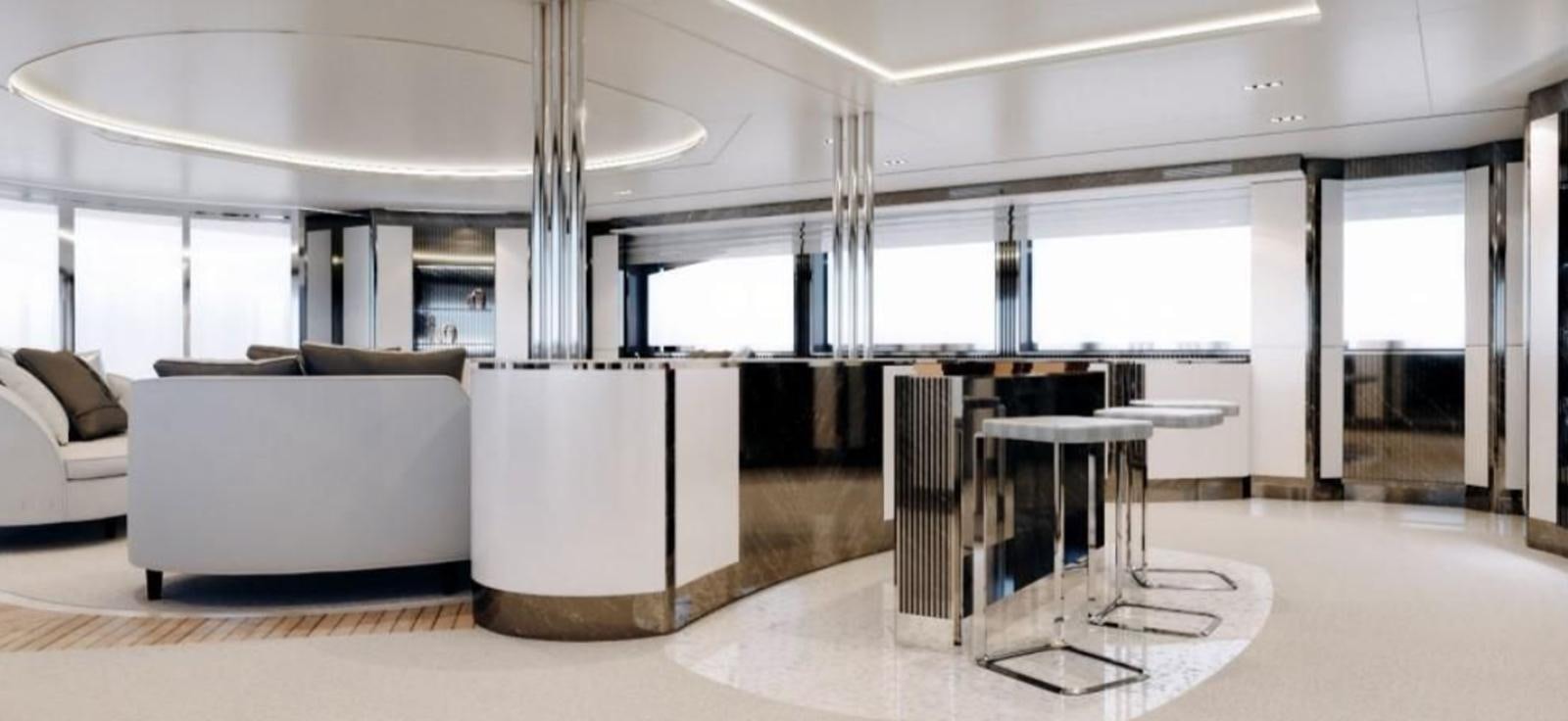 a large room with a table and chairs aboard GIANETTI MIRAGE 401 Yacht for Sale