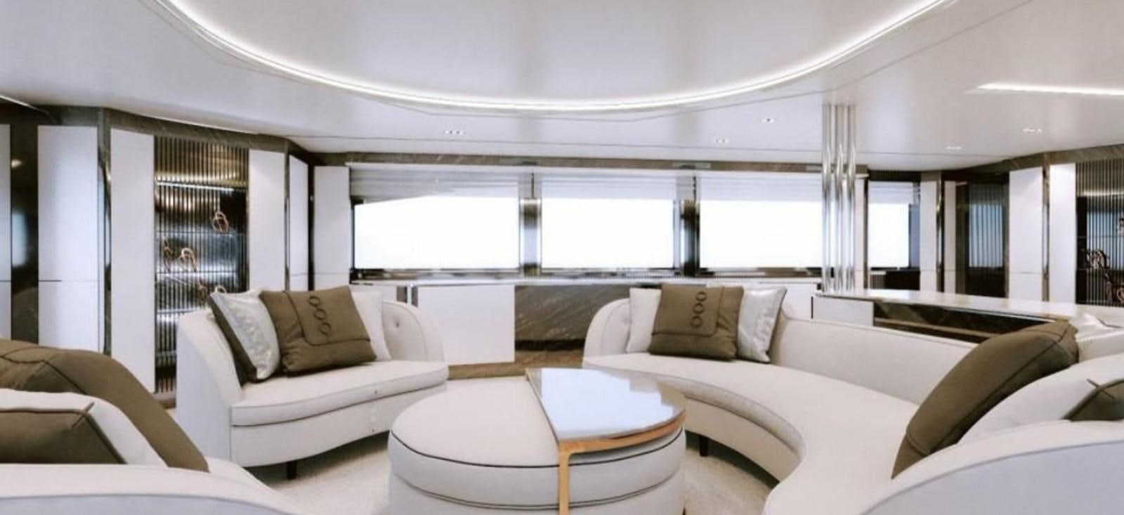 a room with a couch and a table aboard GIANETTI MIRAGE 401 Yacht for Sale