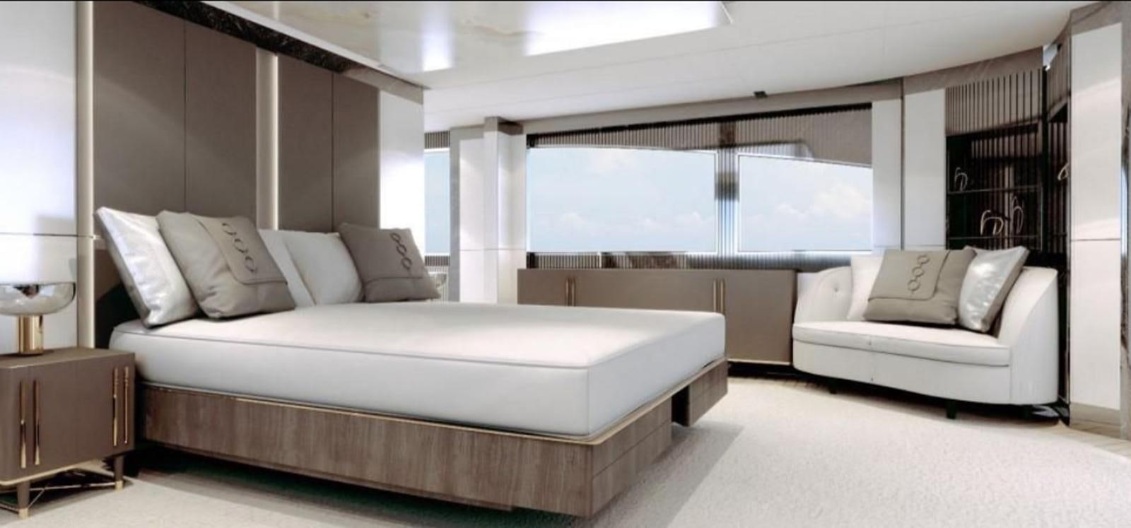 a room with a bed and a window aboard GIANETTI MIRAGE 401 Yacht for Sale