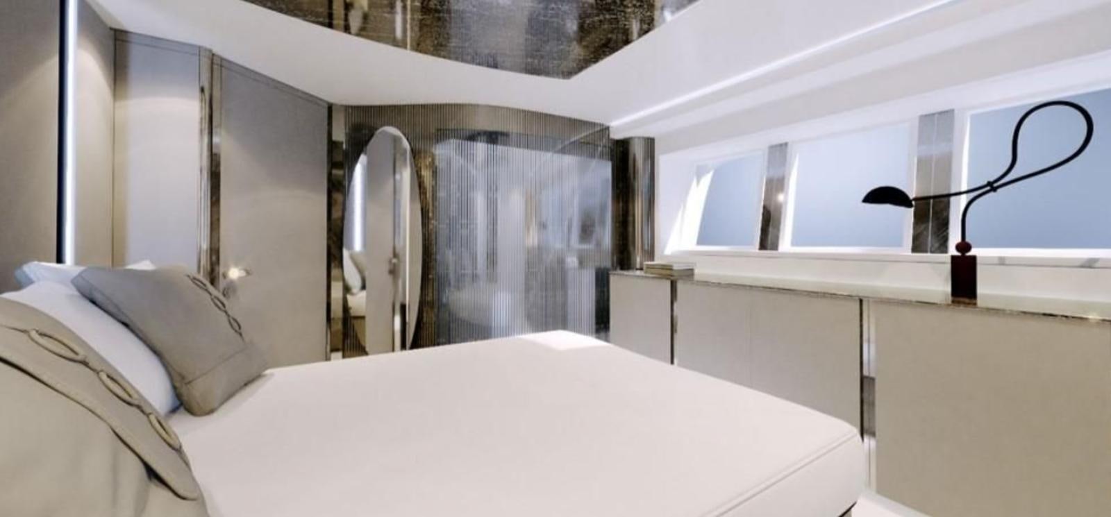 a bed with a white sheet aboard GIANETTI MIRAGE 401 Yacht for Sale