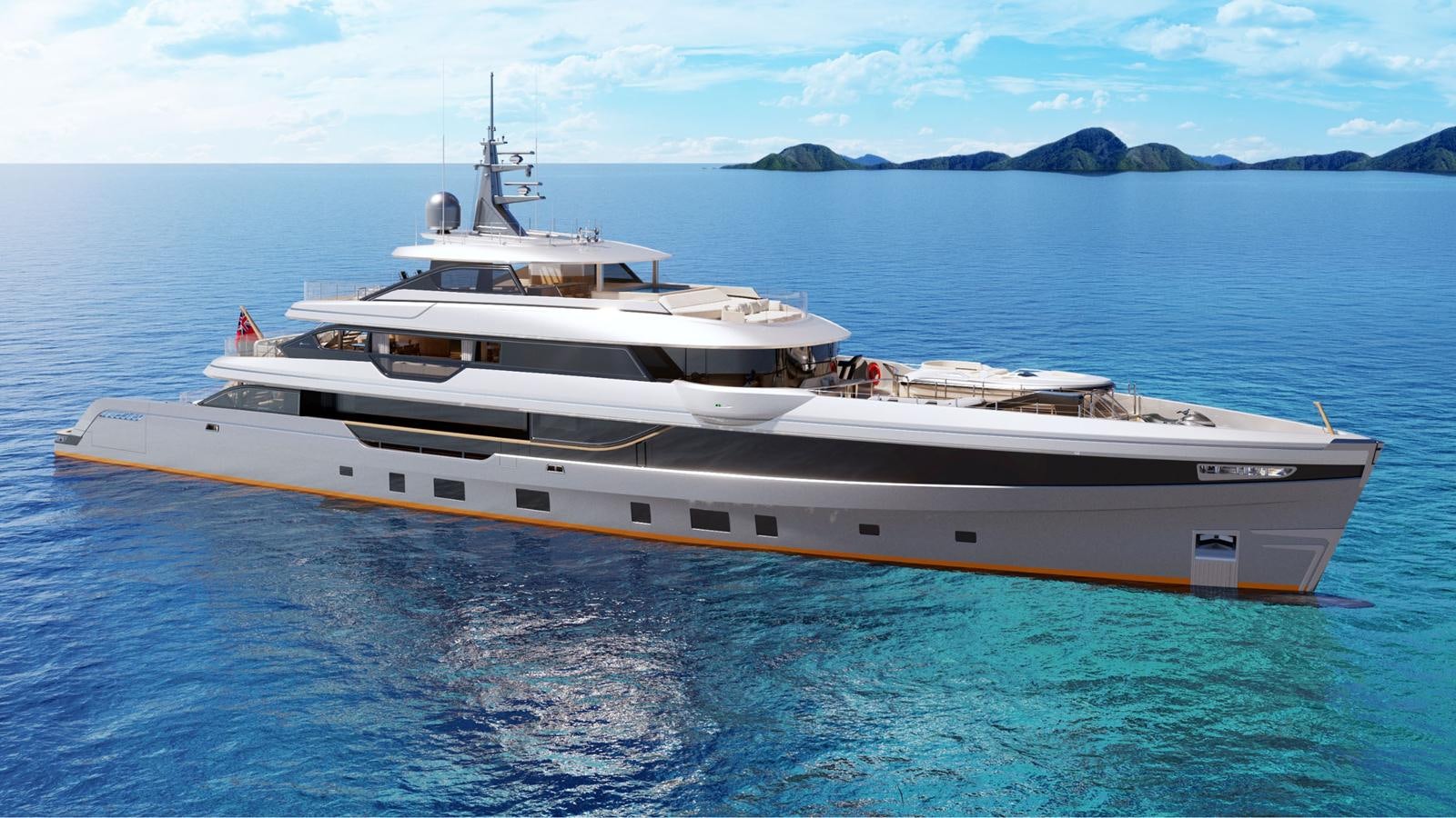 a large white boat in the water aboard PANORAMA 53M Yacht for Sale