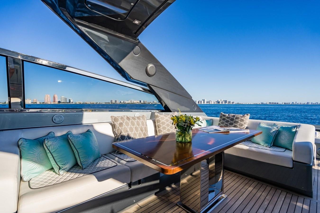 a boat with a table and a view of the ocean aboard 2021 RIVA 76' BAHAMAS Yacht for Sale