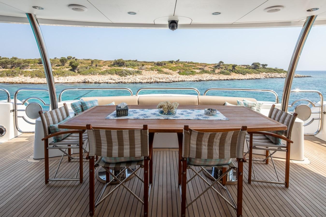 a table set for a meal on a boat aboard IMAN Yacht for Sale