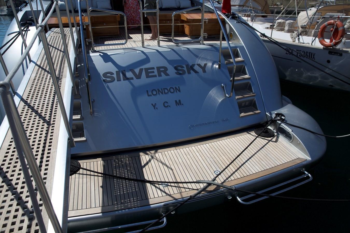 a boat on a deck aboard SILVER SKY Yacht for Sale