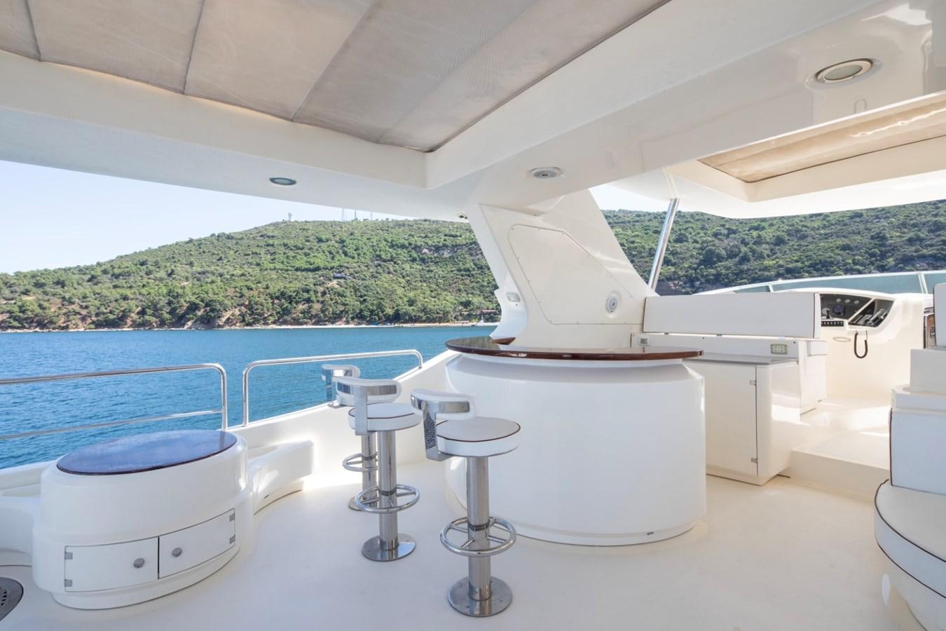 a white kitchen with stools aboard NIMIR Yacht for Sale