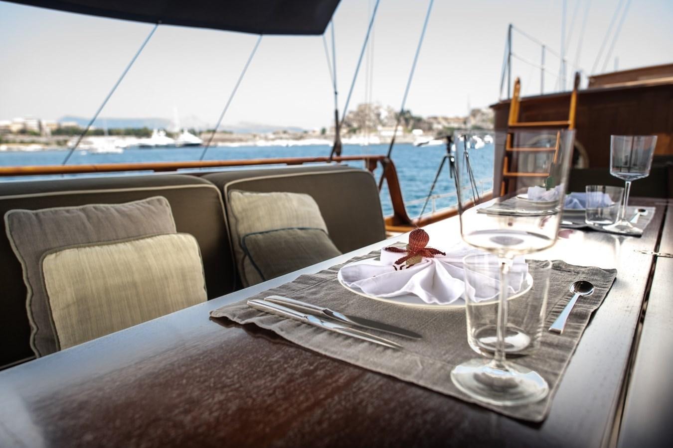 a table with glasses and a plate on it aboard CASSIOPEIA Yacht for Sale