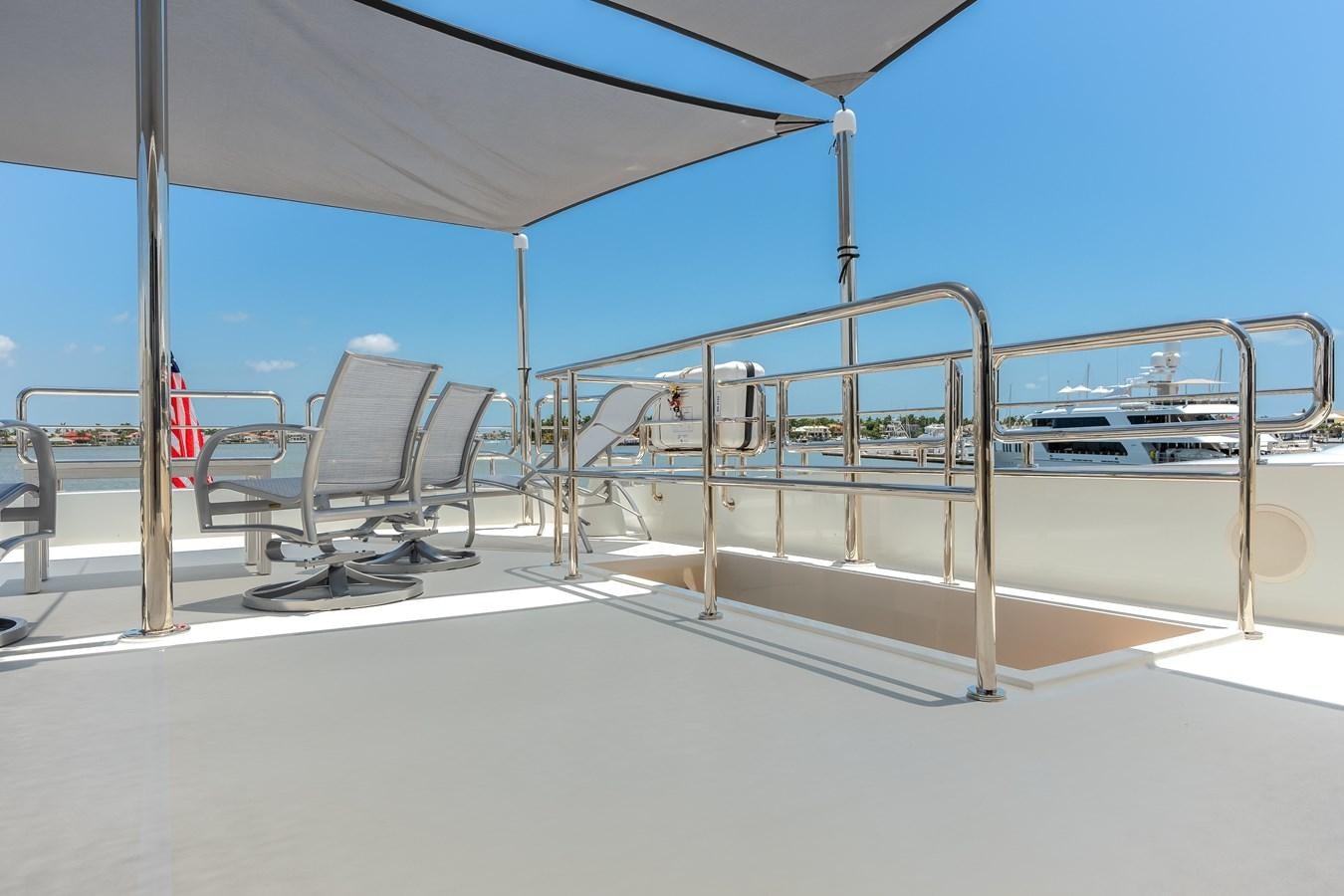 a large white boat on a deck aboard WIGGLE ROOM Yacht for Sale
