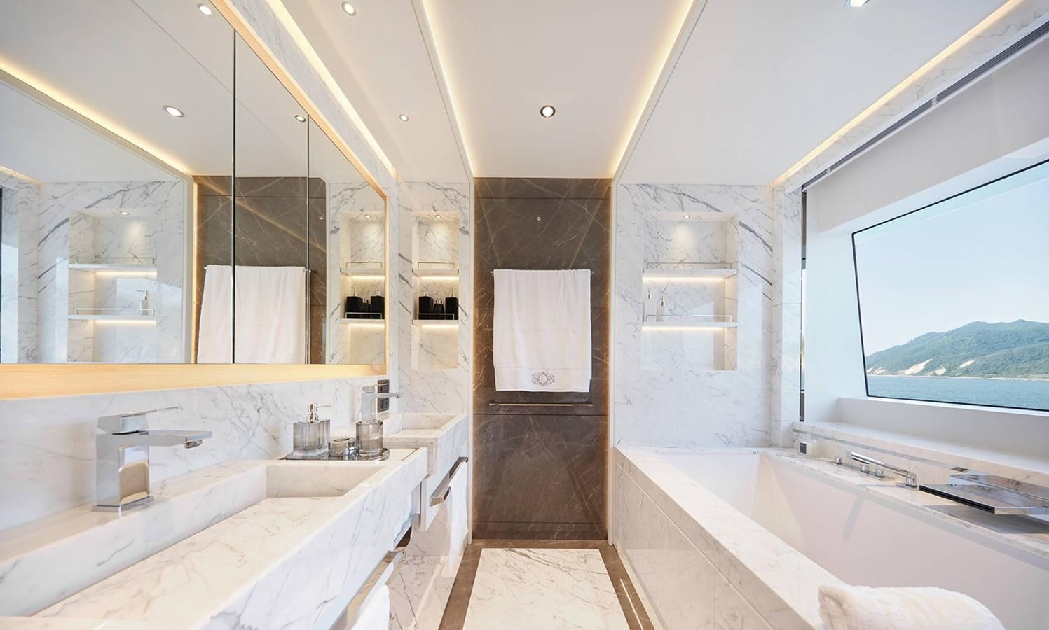 a bathroom with a large window aboard HEYSEA ASTERIA 139/3 Yacht for Sale