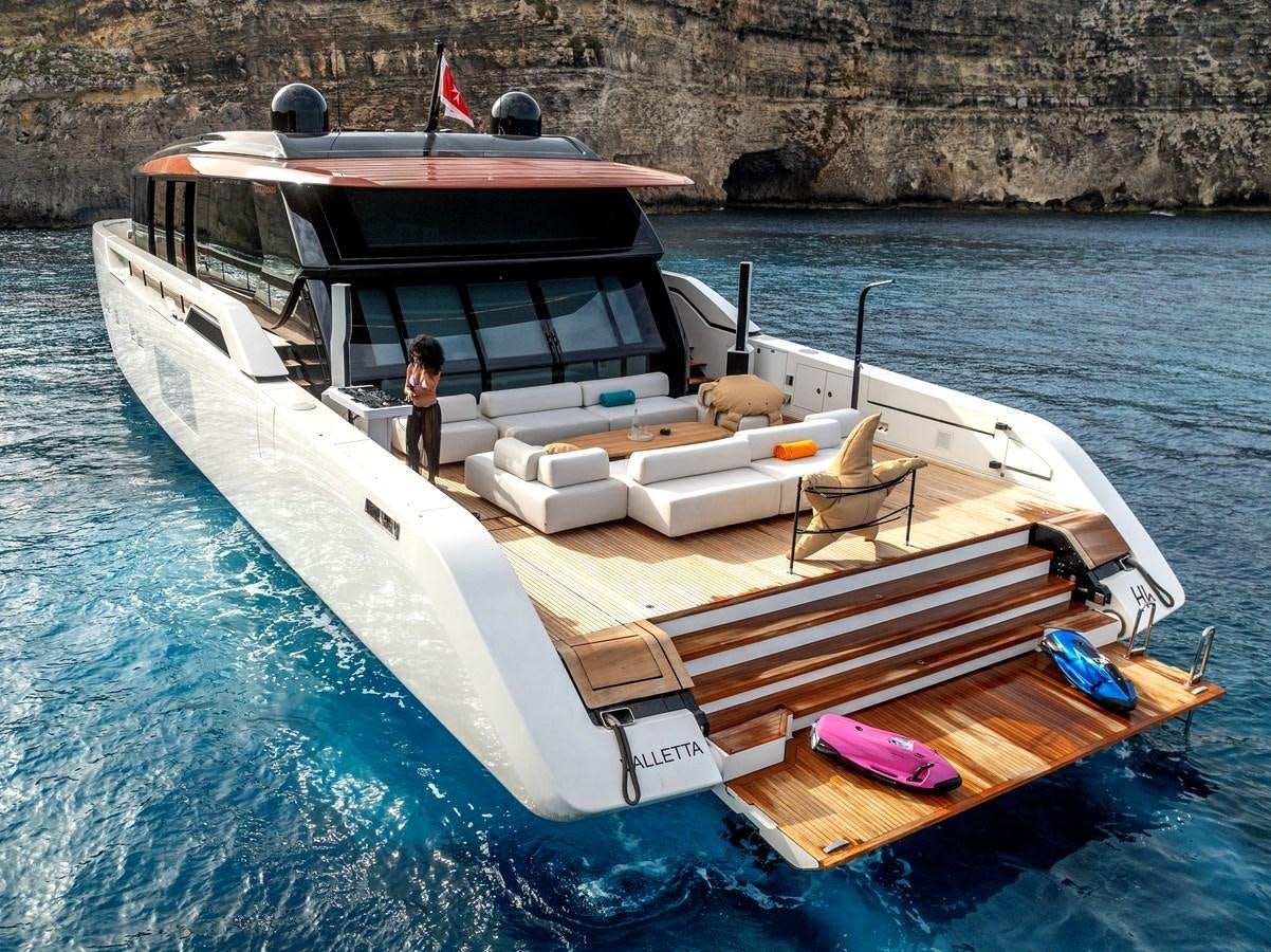 a boat with a person standing on it aboard HH Yacht for Sale