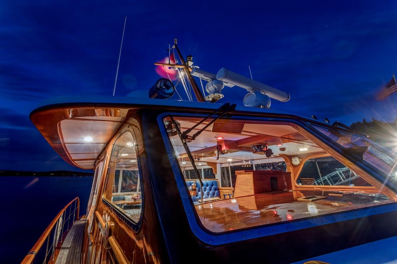 a large ship with a satellite dish on top aboard ANNABELLE Yacht for Sale