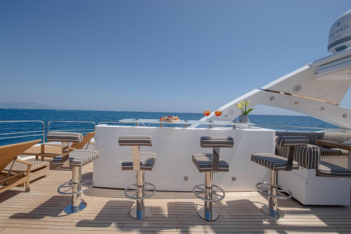 a deck with chairs and tables aboard KING OF OIL Yacht for Sale