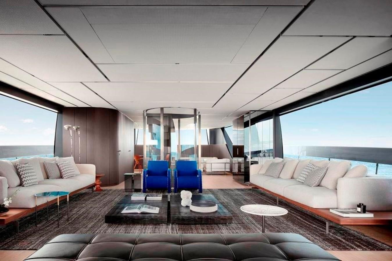 a living room with a large window aboard HM 1 Yacht for Sale