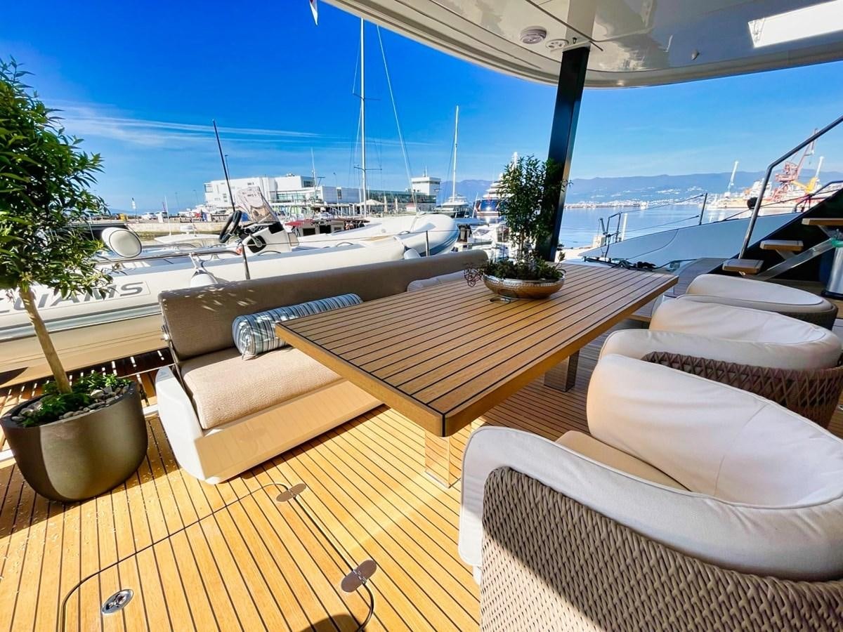 a deck with a view of the water and boats aboard NALA ONE Yacht for Sale